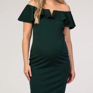 Maternity hunter green, off-the-shoulder midi dress